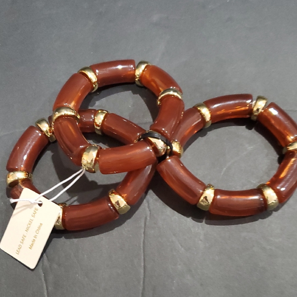 Natasha couture brown amber and gold tone 3 piece resin stretchy bracelet new